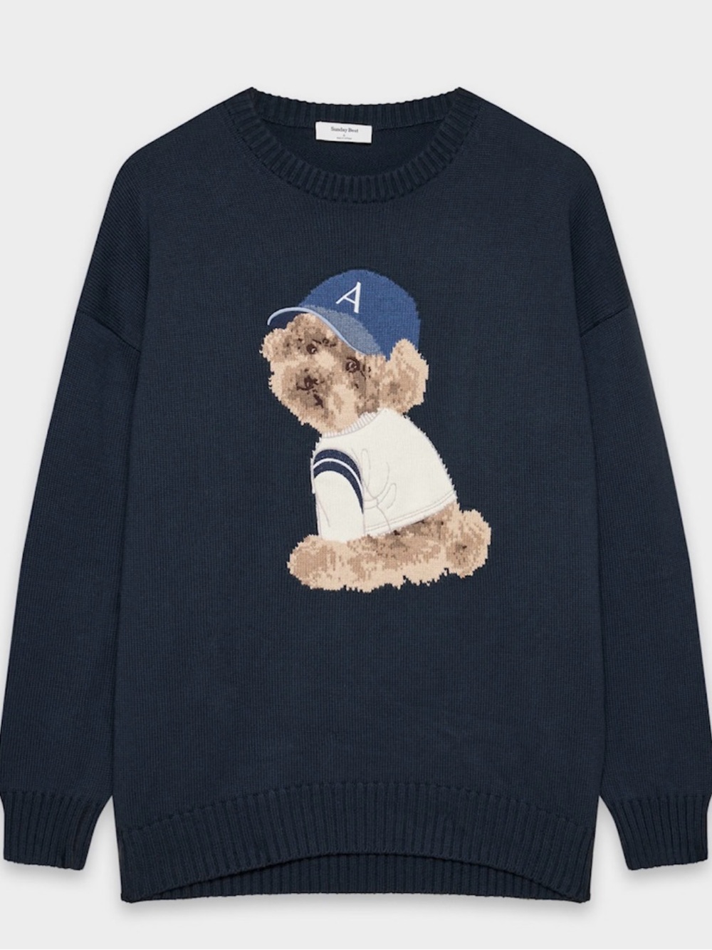 Sunday Best Navy Crewneck Sweater with Teddy Bear Motif aritzia